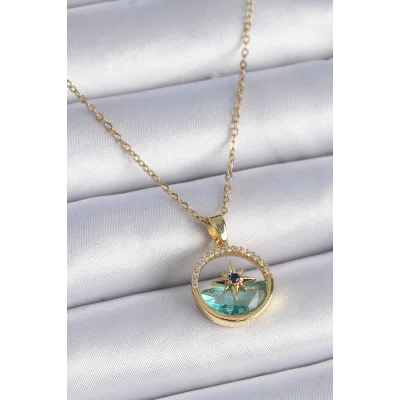 BUĞZ 316L Çelik Zincir Gold Renk Zirkon Taşlı Deniz Görünüm Kutup Yıldız Model Kadın Kolye