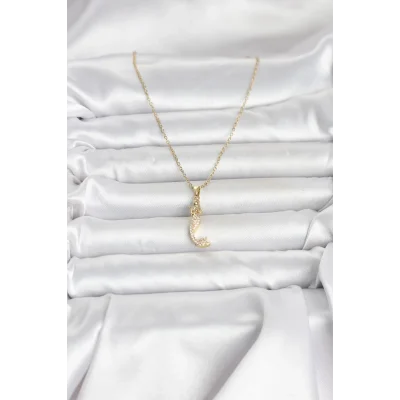 BUĞZ 316L Çelik Zincir Gold Renk Zirkon Taşlı Deniz Kızı Model Kadın Kolye - BUĞZ
