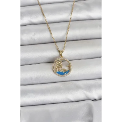 BUĞZ 316L Çelik Zincir Gold Renk Zirkon Taşlı Deniz Temalı Kadın Kolye