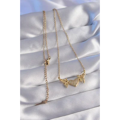 BUĞZ 316L Çelik Zincir Gold Renk Zirkon Taşlı Kalp Model Kelebek Detay Kolye - Lisinya