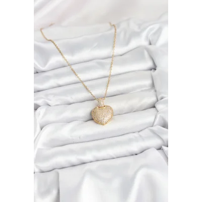 BUĞZ 316L Çelik Zincir Gold Renk Zirkon Taşlı Kalpli Kadın Kolye - Lisinya
