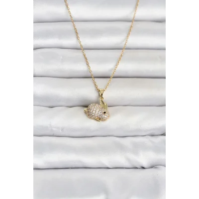BUĞZ 316L Çelik Zincir Gold Renk Zirkon Taşlı Tavşan Model Kadın Kolye