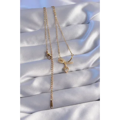 BUĞZ 316L Çelik Zincir Gold Renk Zirkon Taşlı Yarım Fiyonk Kalp Kolye - Lisinya