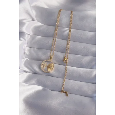 BUĞZ 316L Çelik Zincir Gold Renk Zirkon Taşlı Yıldız Figürlü Oval Kolye - Lisinya