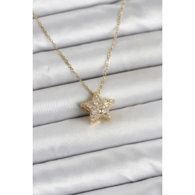 BUĞZ 316L Çelik Zincir Gold Renk Zirkon Taşlı Yıldız Model Kadın Kolye
