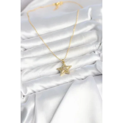 BUĞZ 316L Çelik Zincir Gold Renk Zirkon Taşlı Yıldız Model Kadın Kolye - BUĞZ