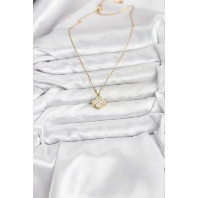 BUĞZ 316L Çelik Zincir Gold Renk Zirkon Taşlı Yonca Model Kadın Kolye - Lisinya