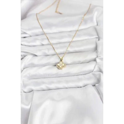 BUĞZ 316L Çelik Zincir Gold Renk Zirkon Taşlı Yonca Model Kadın Kolye - Lisinya