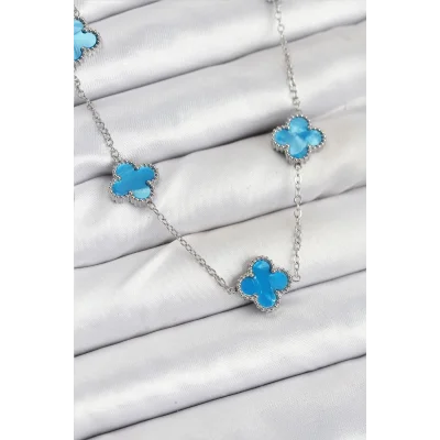 BUĞZ 316L Çelik Zincir Gümüş Buz Mavisi Renk Yonca Kadın Kolye