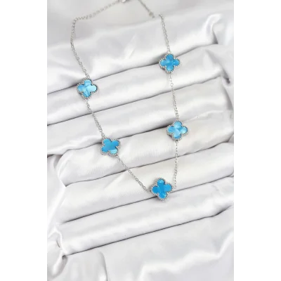 BUĞZ 316L Çelik Zincir Gümüş Buz Mavisi Renk Yonca Kadın Kolye - Lisinya