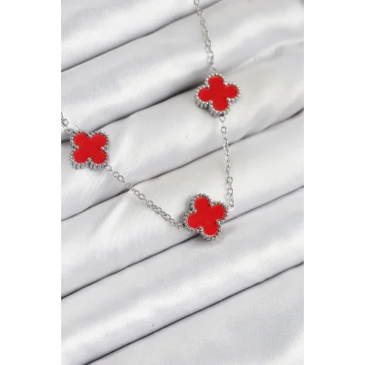 BUĞZ 316L Çelik Zincir Gümüş Kırmızı Renk Yonca Kadın Kolye
