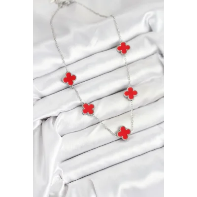 BUĞZ 316L Çelik Zincir Gümüş Kırmızı Renk Yonca Kadın Kolye - Lisinya