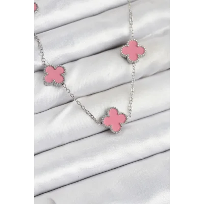 BUĞZ 316L Çelik Zincir Gümüş Pembe Renk Yonca Kadın Kolye