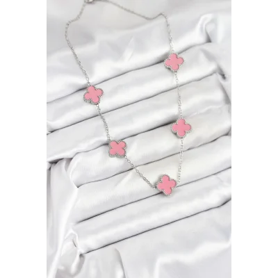 BUĞZ 316L Çelik Zincir Gümüş Pembe Renk Yonca Kadın Kolye - Lisinya