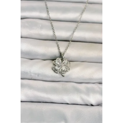 BUĞZ 316L Çelik Zincir Gümüş Renk 4 Yapraklı Yonca Model Kadın Kolye