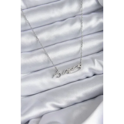 BUĞZ 316L Çelik Zincir Gümüş Renk Atatürk İmza Figür Kadın Kolye