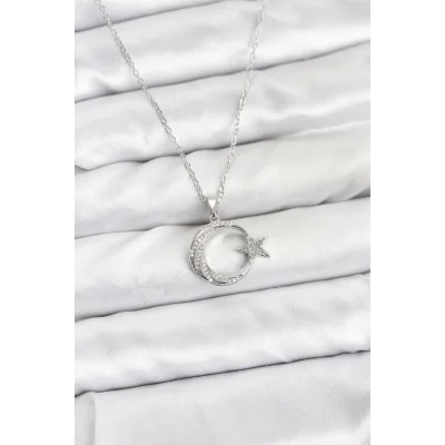 BUĞZ 316L Çelik Zincir Gümüş Renk Ay Yıldız Model Zirkon Taşlı Kadın Kolye