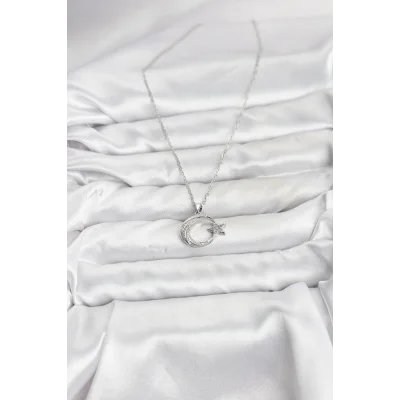 BUĞZ 316L Çelik Zincir Gümüş Renk Ay Yıldız Model Zirkon Taşlı Kadın Kolye - BUĞZ