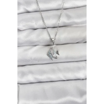 BUĞZ 316L Çelik Zincir Gümüş Renk Balık Model Zirkon Taşlı Kadın Kolye