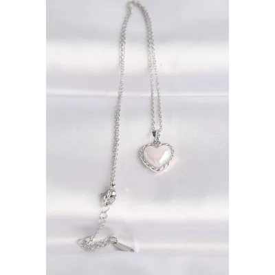 BUĞZ 316L Çelik Zincir Gümüş Renk Beyaz Taşlı Bombeli Kalp Kolye - Lisinya