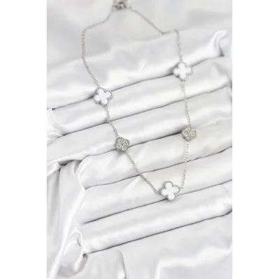 BUĞZ 316L Çelik Zincir Gümüş Renk Beyaz ve Zirkon Taşlı Yonca Kadın Kolye - Lisinya