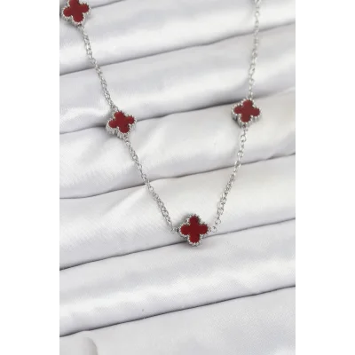 BUĞZ 316L Çelik Zincir Gümüş Renk Bordo Baby Boy Yonca Kadın Kolye
