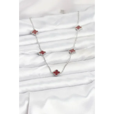BUĞZ 316L Çelik Zincir Gümüş Renk Bordo Baby Boy Yonca Kadın Kolye - Lisinya