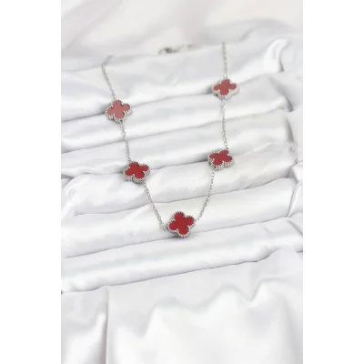 BUĞZ 316L Çelik Zincir Gümüş Renk Bordo Renk Yonca Kadın Kolye - Lisinya