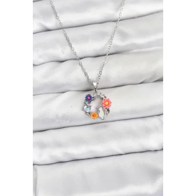 BUĞZ 316L Çelik Zincir Gümüş Renk Çiçekli Kedili Model Kadın Kolye