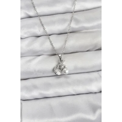 BUĞZ 316L Çelik Zincir Gümüş Renk Deniz Kabuğu ve Deniz Yıldızı Model Zirkon Taşlı Kadın Kolye