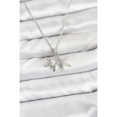 BUĞZ 316L Çelik Zincir Gümüş Renk Deniz Yıldızı Model Zirkon Taşlı Kadın Kolye