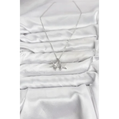 BUĞZ 316L Çelik Zincir Gümüş Renk Deniz Yıldızı Model Zirkon Taşlı Kadın Kolye - BUĞZ