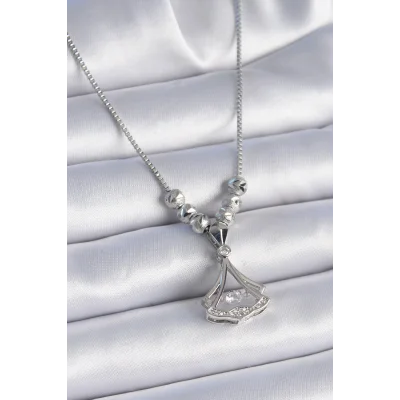 BUĞZ 316L Çelik Zincir Gümüş Renk Gingko Yaprağı Model Zirkon Taş Detay Kadın Kolye