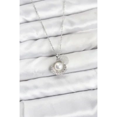 BUĞZ 316L Çelik Zincir Gümüş Renk İncili Deniz Kabuğu Model Zirkon Taşlı Kadın Kolye