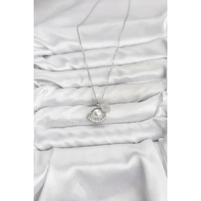BUĞZ 316L Çelik Zincir Gümüş Renk İncili Deniz Kabuğu Model Zirkon Taşlı Kadın Kolye - BUĞZ