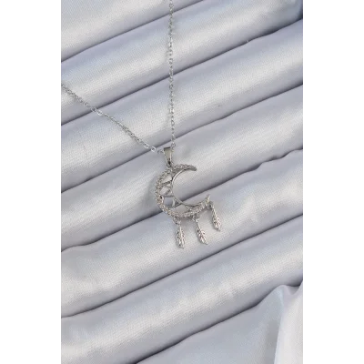 BUĞZ 316L Çelik Zincir Gümüş Renk İşlemeli Zirkon Taşlı Ay Kolye