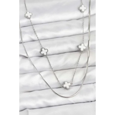 BUĞZ 316L Çelik Zincir Gümüş Renk İtalyan Zincirli Yonca Model Kadın Kolye