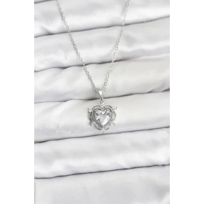 BUĞZ 316L Çelik Zincir Gümüş Renk Kalp Model Zirkon Taşlı Kadın Kolye
