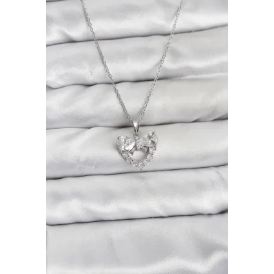 BUĞZ 316L Çelik Zincir Gümüş Renk Kalp ve Fiyonk Model Zirkon Taşlı Kadın Kolye