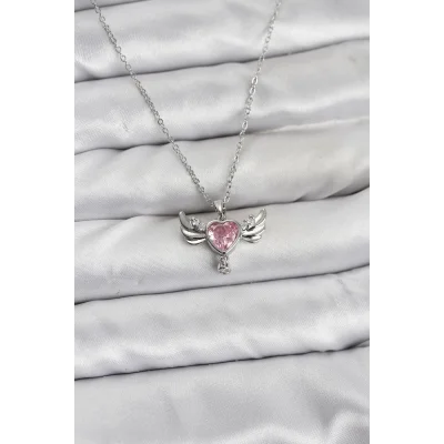 BUĞZ 316L Çelik Zincir Gümüş Renk Kanatlı Kalp Model Zirkon Taşlı Kadın Kolye