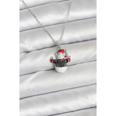 BUĞZ 316L Çelik Zincir Gümüş Renk Kardan Adam Figürlü Yılbaşı Temalı Kadın Kolye
