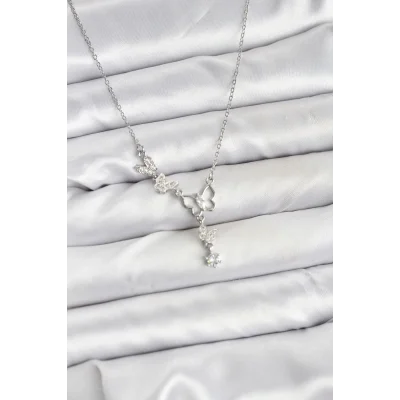 BUĞZ 316L Çelik Zincir Gümüş Renk Kelebek Model Kadın Kolye