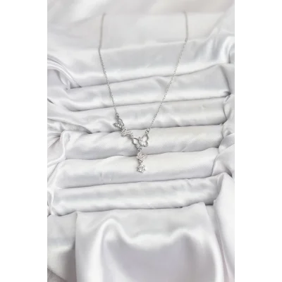 BUĞZ 316L Çelik Zincir Gümüş Renk Kelebek Model Kadın Kolye - Lisinya