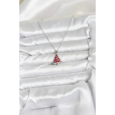 BUĞZ 316L Çelik Zincir Gümüş Renk Kırmızı Çam Ağacı Model Yılbaşı Temalı Kadın Kolye - Lisinya