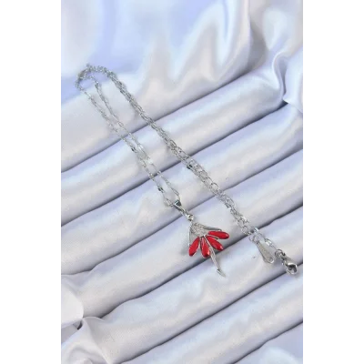 BUĞZ 316L Çelik Zincir Gümüş Renk Kırmızı Etekli Zirkon Taşlı Balerin Kolye - Lisinya