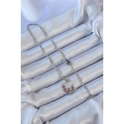 BUĞZ 316L Çelik Zincir Gümüş Renk Kırmızı Gül Detay Kedi Figür Zirkon Taşlı Ay Kolye - Lisinya