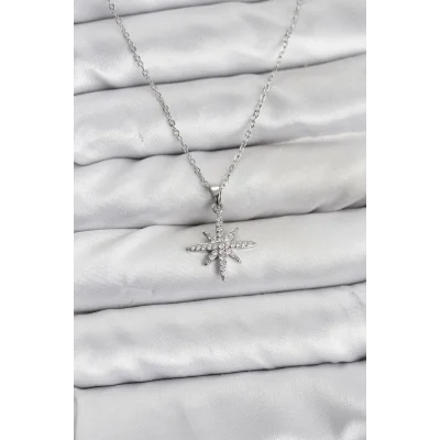 BUĞZ 316L Çelik Zincir Gümüş Renk Kutup Yıldızı Model Zirkon Taşlı Kadın Kolye
