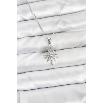 BUĞZ 316L Çelik Zincir Gümüş Renk Kutup Yıldızı Model Zirkon Taşlı Kadın Kolye