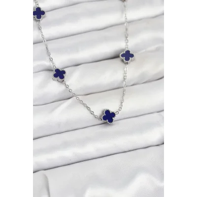 BUĞZ 316L Çelik Zincir Gümüş Renk Lacivert Baby Boy Yonca Kadın Kolye