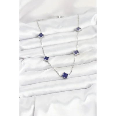 BUĞZ 316L Çelik Zincir Gümüş Renk Lacivert Baby Boy Yonca Kadın Kolye - Lisinya